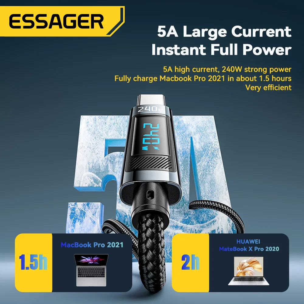 Essager 240W USB Type C To USB C Cable 100W PD 3.1 Fast Charging Charger Wire For Macbook Pro Xiaomi Samsung Laptop USBC Cord 2M - Smarsty