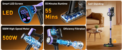 500W/55KPA Self-Standing Cordless Vacuum Cleaner,60 Mins Handheld Vacuum Cleaners,Smart LED Screen Vacuum for Carpet/Pet Hair - Smarsty