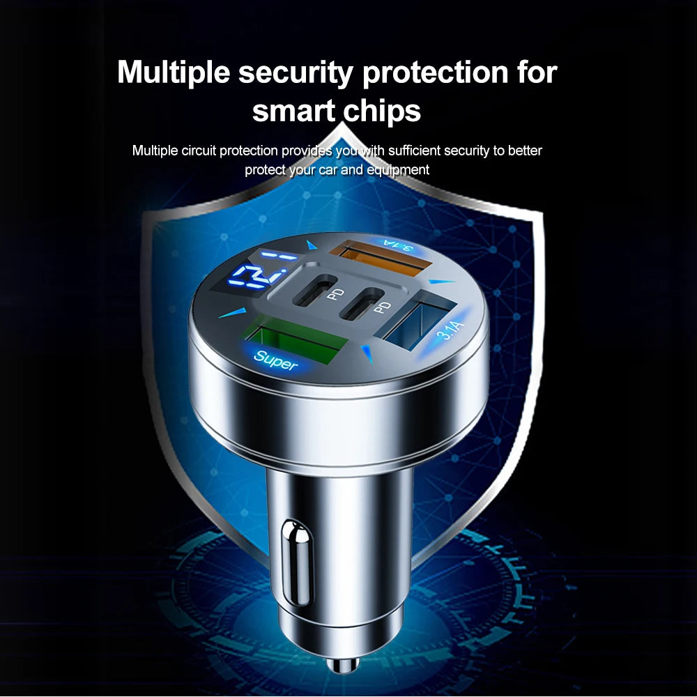 250W 5 Ports Car Charger Fast Charging PD QC3.0 USB C Car Phone Charger Adapter With Voltage For iPhone Samsung Huawei Xiaomi - Smarsty