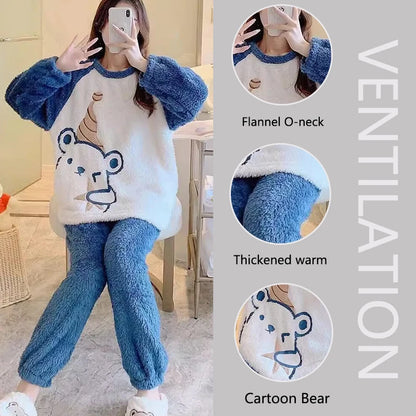Thickened Warm Flannel Women's Sleepwear Coral Velvet Pajamas Loungewear Winter Cartoon Bear Padded Girl Nightwear Homewear Sets - Smarsty