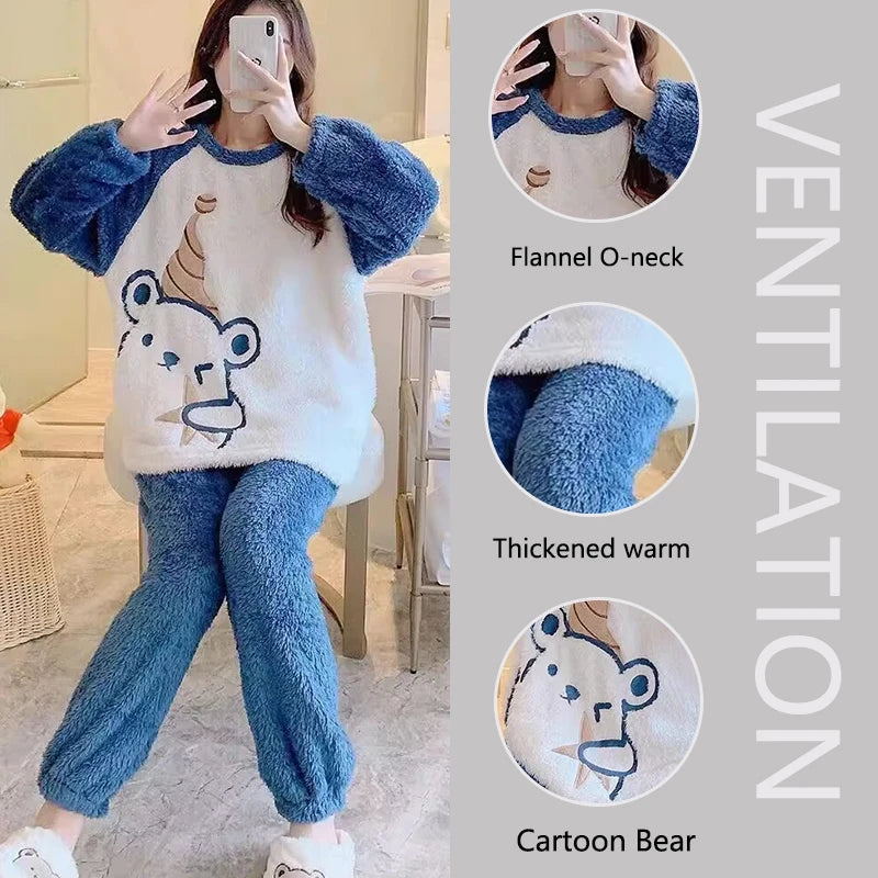 Thickened Warm Flannel Women's Sleepwear Coral Velvet Pajamas Loungewear Winter Cartoon Bear Padded Girl Nightwear Homewear Sets - Smarsty
