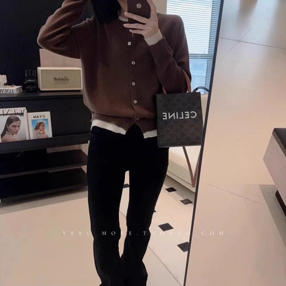 Fake two 100% pure cashmere sweater cardigan dark grey high-grade wool knit coat top - Smarsty