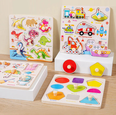 Wooden Puzzle Montessori Toys for Kids Cartoon Animal Traffic Hand Grab Boards Early Learning Educational Toys for Children - Smarsty