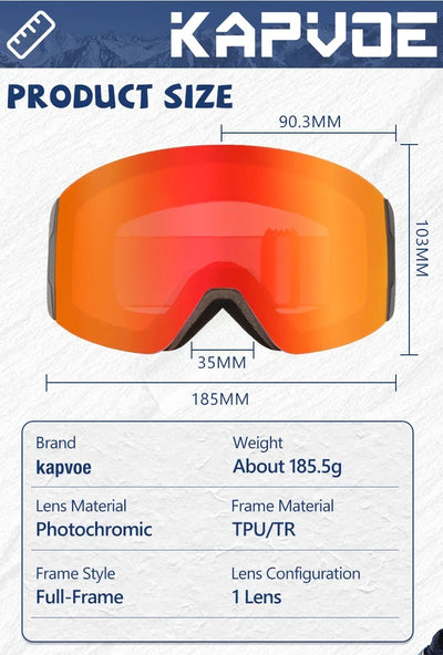 Kapvoe Photochromic Ski Goggles Magnetic Anti-Fog Lenses UV400 Protection Men Women Ski Goggles Snow Sunglasses Sports Eyewear