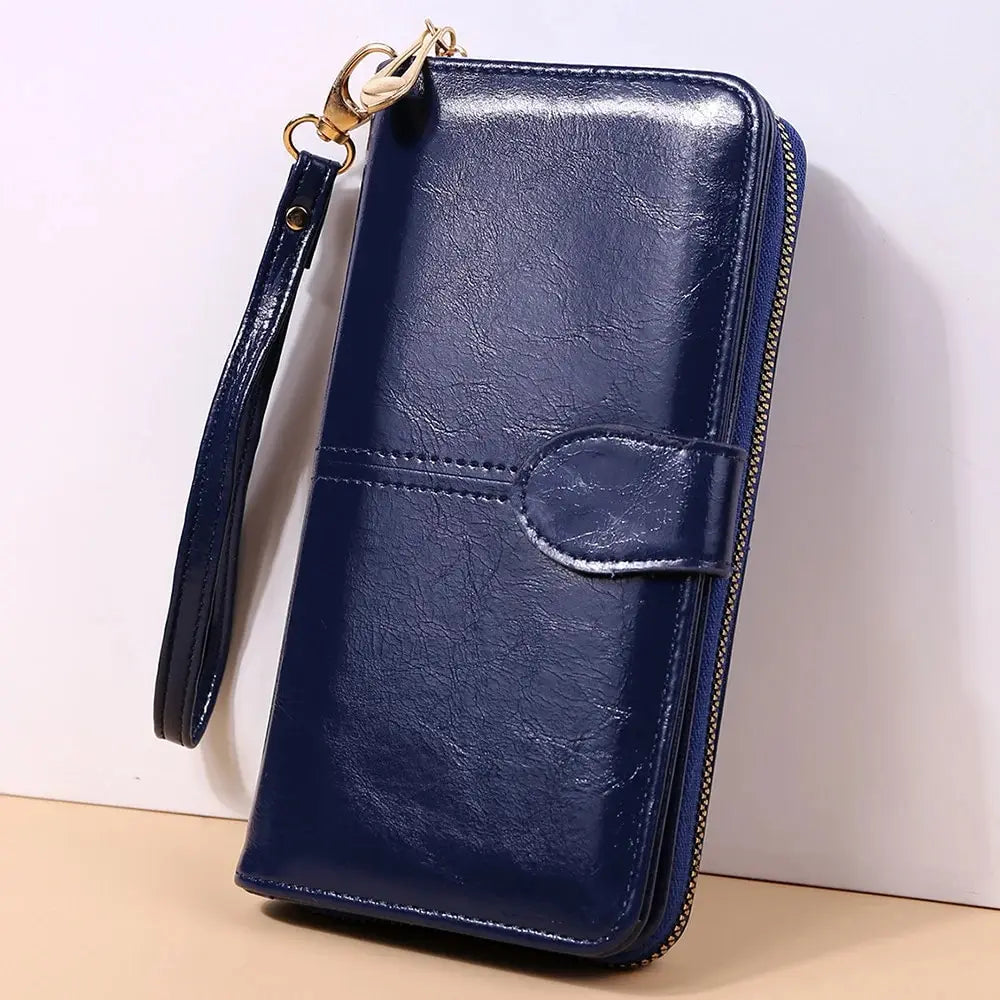 Women's Vintage Oil Wax PU Leather Clutch Wallet Female Large Capacity Phone Purse Ladies Wristband Simple Card Holder Pouch Bag - Smarsty