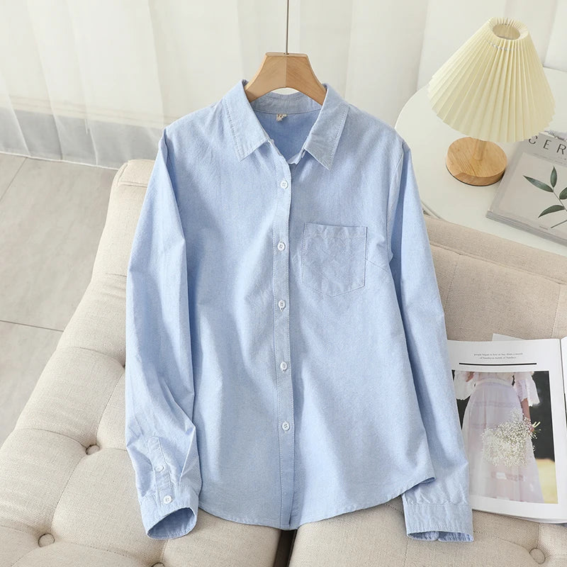 Casual Cotton Women's Oxford Shirt 2024 Autumn New Good Quality Woman Blouse and Tops Lady White Blue Striped Shirts Clothes - Smarsty