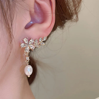 Zircon Stud Earrings Floral Leaf With Pearl Shimmer - Smarsty