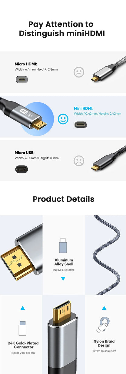 NIERBO Mini HDMI to HDMI Cable 4K High-Speed Braided - Smarsty