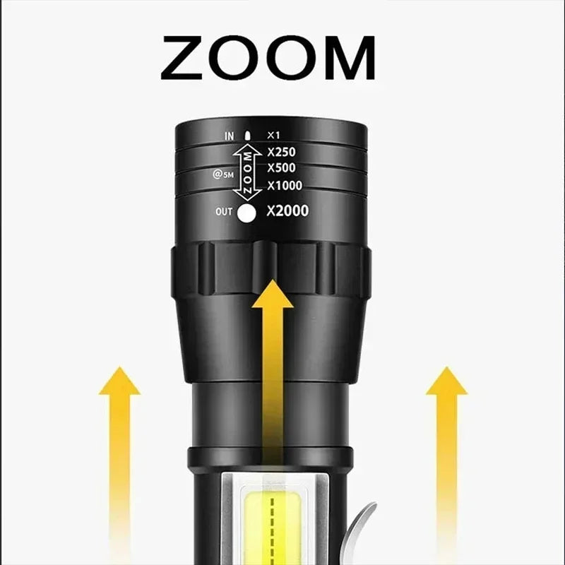 Portable Rechargeable LED Flashlight with Pen Clip Zoomable Waterproof Torch with Side Light Outdoor Camping Emergency Lantern - Smarsty