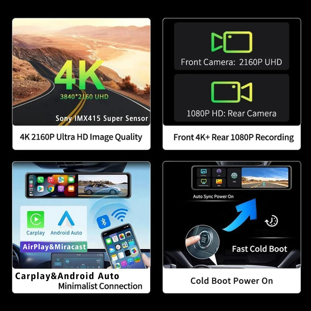 4K Dash Cam with GPS WiFi CarPlay Android Auto Mirror - Smarsty
