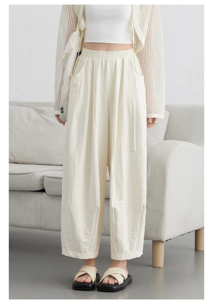 CHIC VEN Women White Pants Solid Casual Elastic Waist High Waisted Pleated Wide Leg Female Trousers  Fold Summer 2025 Clothing - Smarsty
