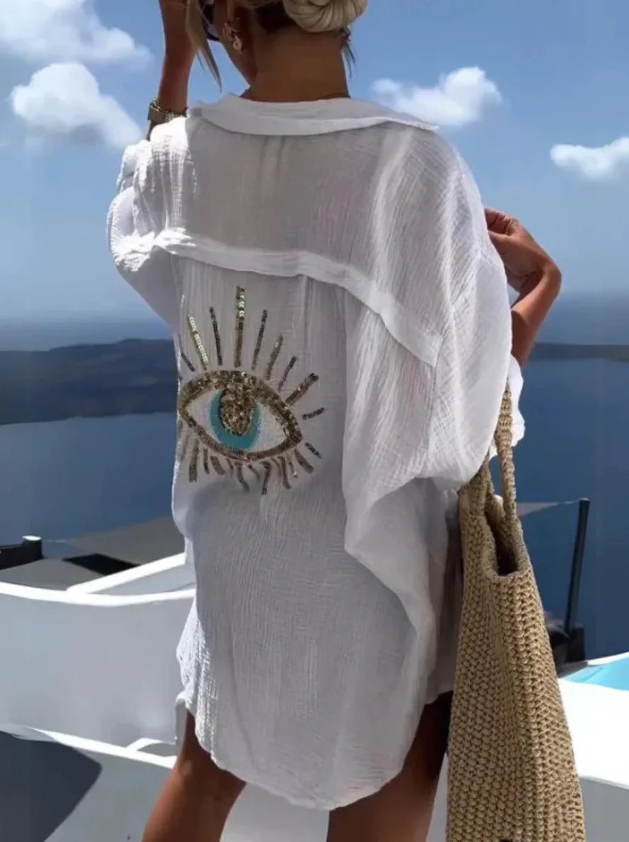 Casual Bright Sequin Evil Eye Shirt Women Summer Fashion Long Sleeve Loose Long Blouse Streetwear Turn-down Collar Cotton Tops - Smarsty