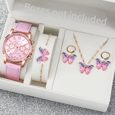 5/6PCS Fashion Women's Quartz Watch Leather Band Analog Wrist Watches Heart Rhinestone Jewelry Set(Without Box) - Smarsty