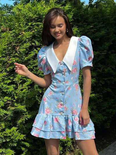 Tornova Print Puff Sleeves Ruffled Dress Women's V-Neck High Waist Pearl Buttons Mini Dress Female Casual Vacation Fashion Dress - Smarsty