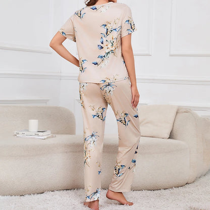 Women's Short Sleeve Crew Neck Top With Shorts And Pants 3 Piece Loungewear Sleepwear Lounge Sets Nighty Print Casual Pajama Set - Smarsty