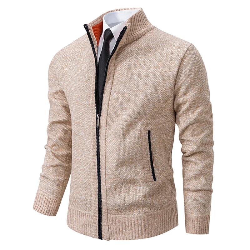 Autumn And Winter New Jersey Men's Casual Sports Coat Solid Color Stand Collar Wweater Grab Fleece Warm Zipper Cardigan - Smarsty