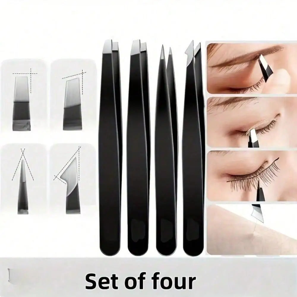 4Pcs Stainless Steel Tweezers - Precision Tool for Eyebrow Shaping, Hair & Beard Removal