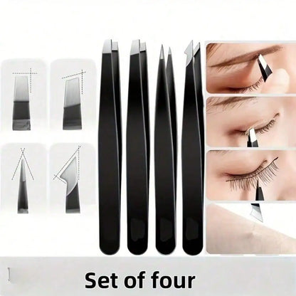 4Pcs Stainless Steel Tweezers - Precision Tool for Eyebrow Shaping, Hair & Beard Removal