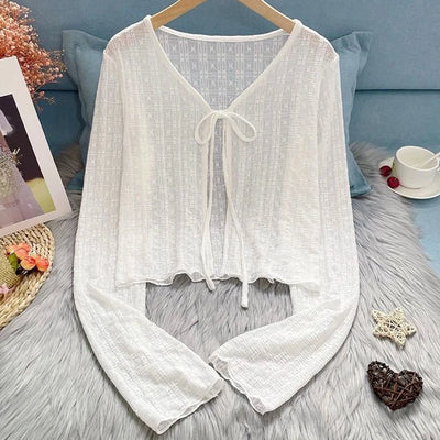 2024 White Tie Up Summer Cardigan Women Sexy Long Sleeve Sheer Mesh Crop Tops Woman Chic All Match Short Printed T Shirt Mujer - Smarsty