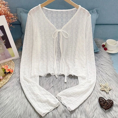 2024 White Tie Up Summer Cardigan Women Sexy Long Sleeve Sheer Mesh Crop Tops Woman Chic All Match Short Printed T Shirt Mujer
