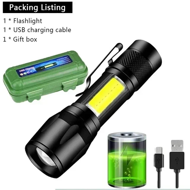 Mini LED Flashlight COB+XPE Portable Torch USB Charging Camping Lantern Zoomable Focus Light Tactical Flashlight with Pen Clip - Smarsty