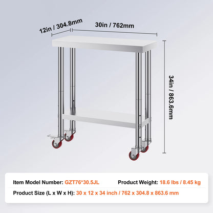 SucceBuy Stainless Steel Kitchen Worktable shelves Commercial Work Bench Table with Caster Wheels for Home Restaurant Storage