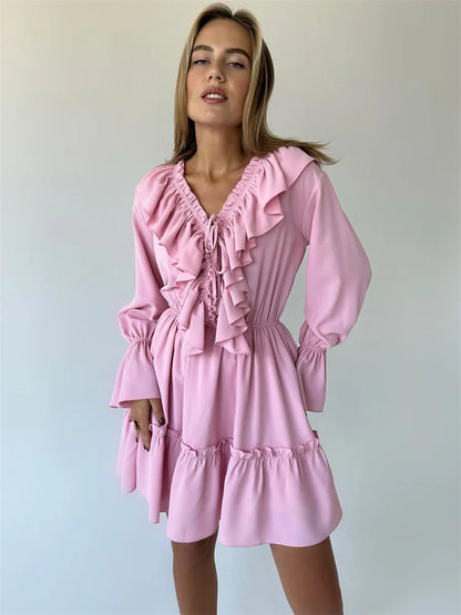 Tossy Ruffled V-Neck White Mini Dress Female Patchwork Long Sleeve Elegant Bandage Fashion Dress High Waist Lace-Up Women Dress - Smarsty