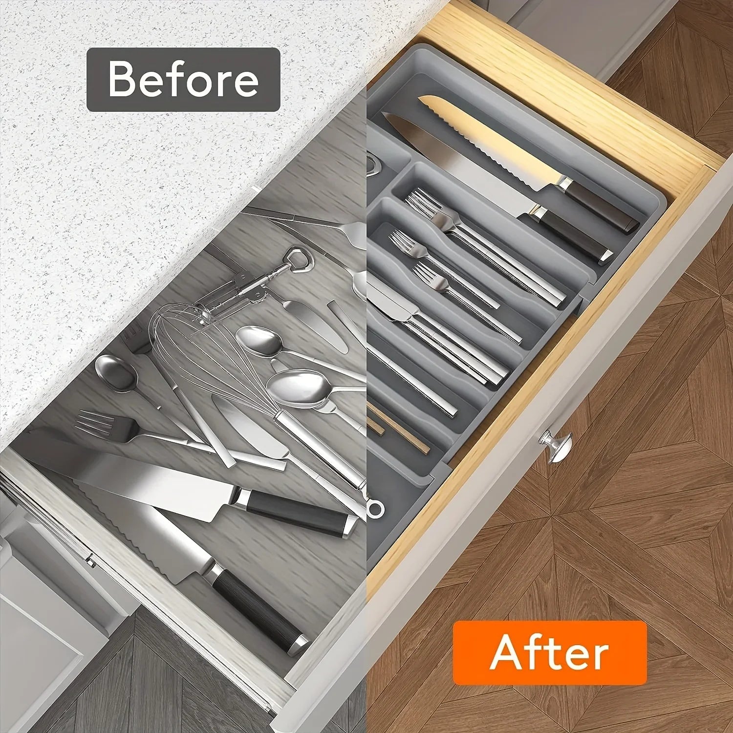 New Expandable Cutlery Drawer Organizer, Adjustable Kitchen Utensil Tray Set, Compartment Flatware Storage Divider