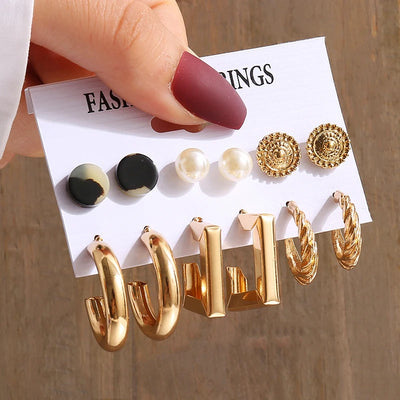 Gold Color Vintage Geometric Pearl Earrings Set For Women - Smarsty