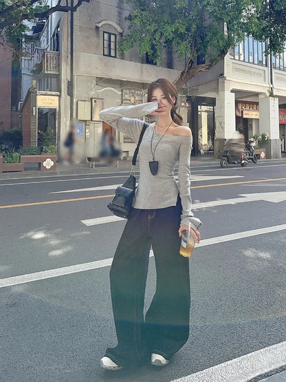 Sexy Pullovers Women Off Shoulder Cropped Knitted Basic Clothes Autumn All-match Side Slit Simple Tender Slim Gentle Seductive - Smarsty