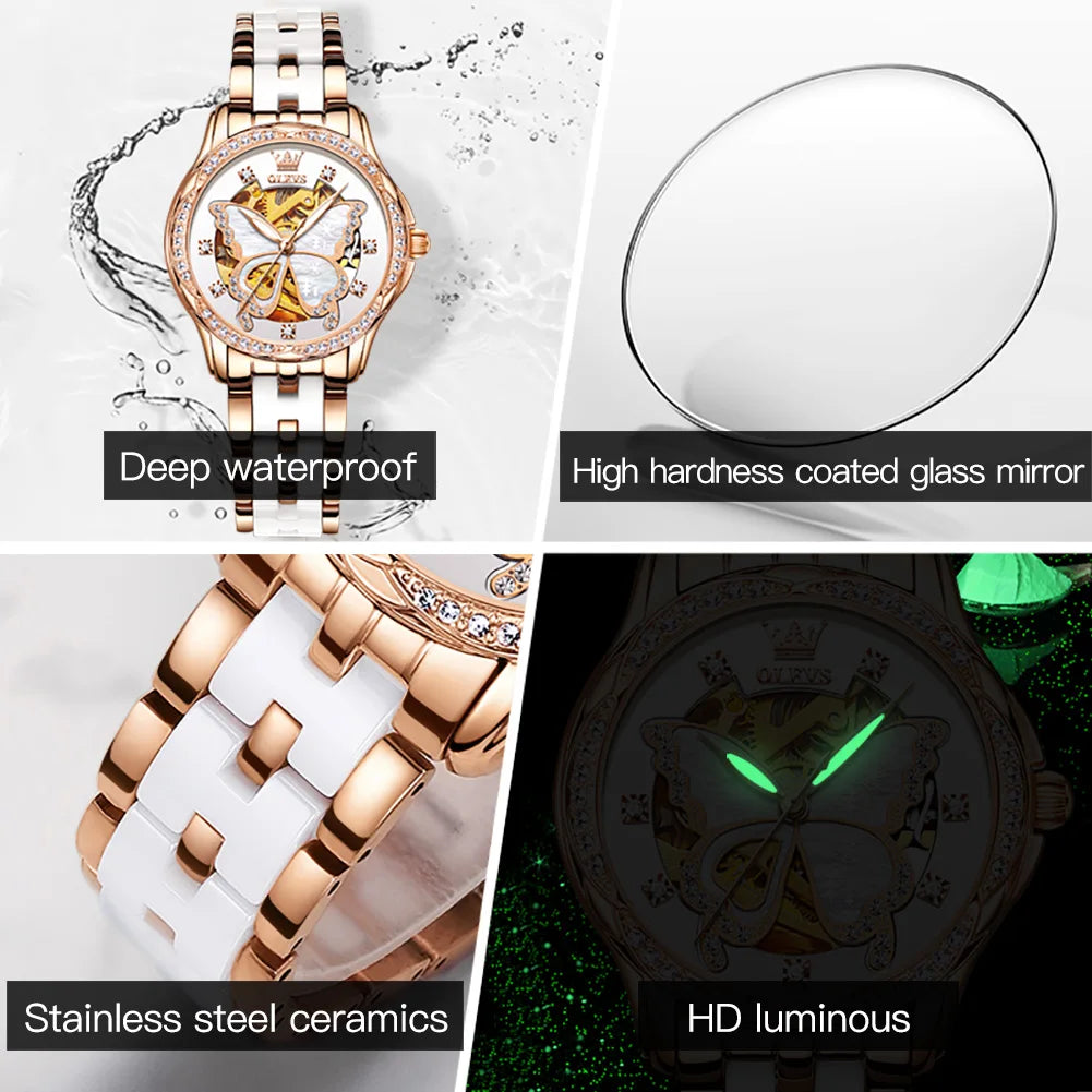 OLEVS Women's Luxury Waterproof Mechanical Watch with Butterfly Dial - Smarsty