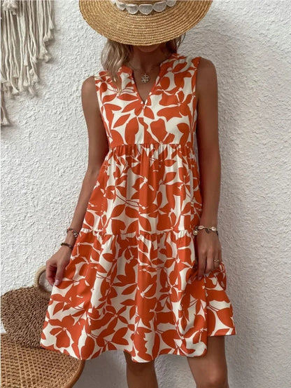 Women Boho Print Mini Dress Summer Elegant Sleeveless V Neck Ruffle A Line Tank Dress Casual Loose Oversize Beach Party Sundress - Smarsty