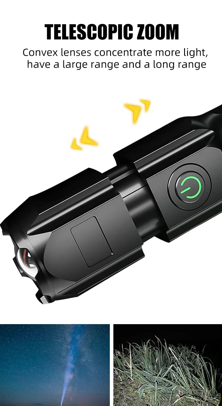 LED Camping Torch Flashlight High Power Rechargeable USB Spotlight Zoom Lantern Built-in Battery For Fishing Outdoor Waterproof - Smarsty