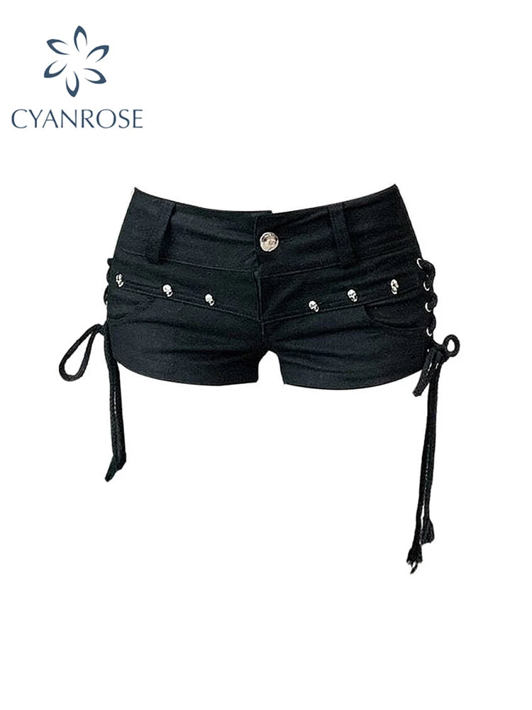 Women's Black Gothic Denim Shorts Vintage Aesthetic Korean Low Waist Jean Shorts Harajuku Y2k Cowboy Short Pants Clothes Summer - Smarsty