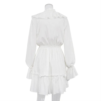 Tossy Ruffled V-Neck White Mini Dress Female Patchwork Long Sleeve Elegant Bandage Fashion Dress High Waist Lace-Up Women Dress - Smarsty