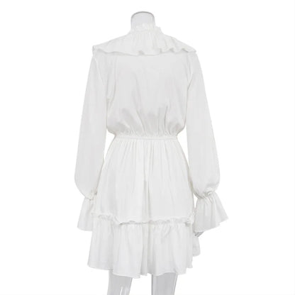 Tossy Ruffled V-Neck White Mini Dress Female Patchwork Long Sleeve Elegant Bandage Fashion Dress High Waist Lace-Up Women Dress - Smarsty