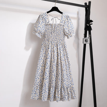 Summer Pleated Women Chiffon Dresses Casual Beach Holiday Short Sleeve Square Collar Woman Midi Dress Bohemian Mujer Vestidos - Smarsty