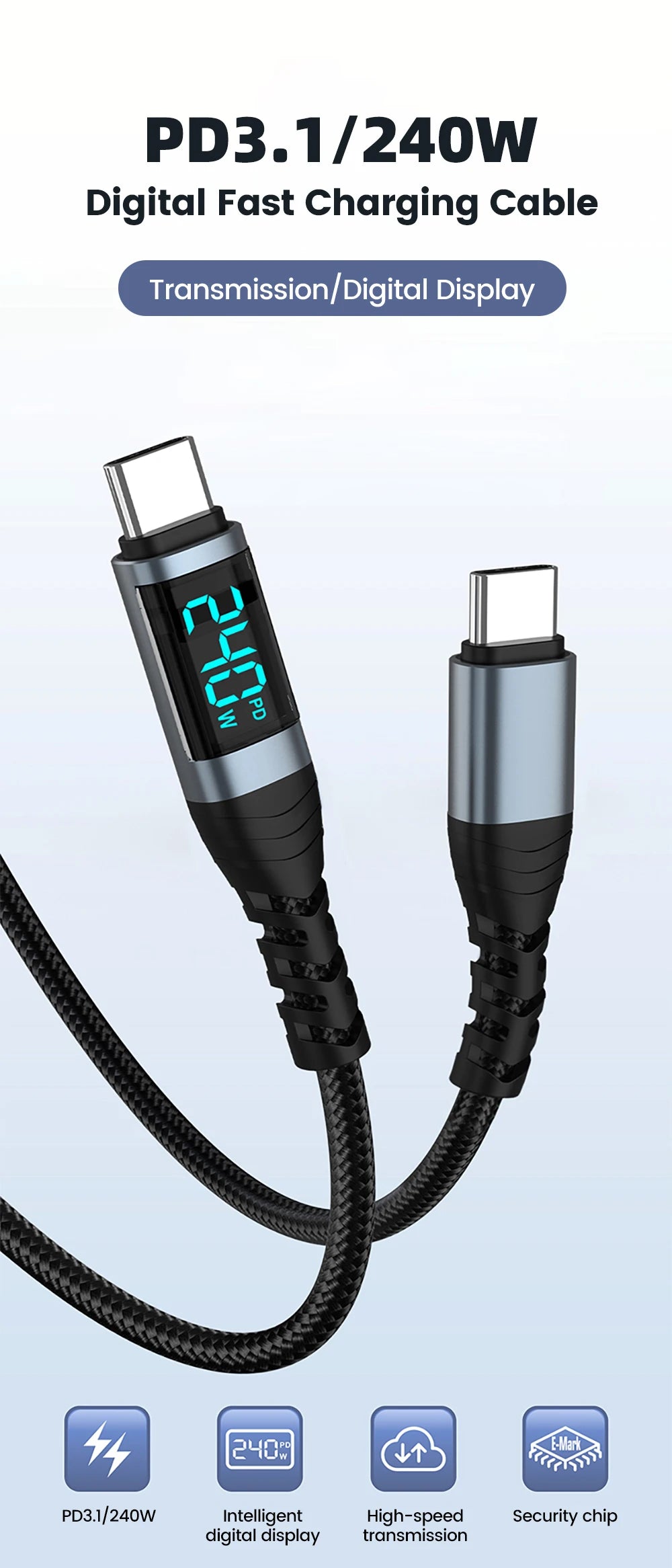 240W Type C to Type C Super Charge Digital Display Cable 0.5m-2m USB C Data Cable For Iphone 15 16 Samsung s24 s23 Huawei Xiaomi - Smarsty