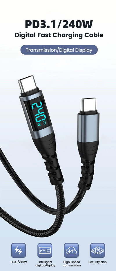 240W Type C to Type C Super Charge Digital Display Cable 0.5m-2m USB C Data Cable For Iphone 15 16 Samsung s24 s23 Huawei Xiaomi - Smarsty