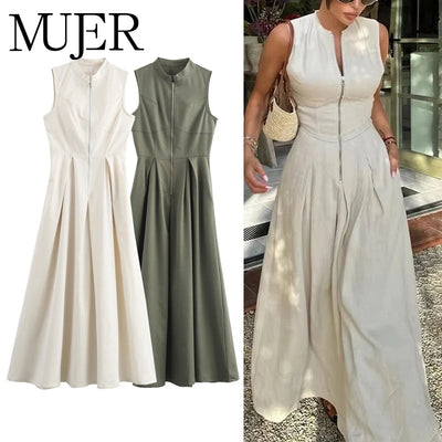 MUJER Zipper Long Dress Woman Pleated Sleeveless Bodycon Dress Summer Elegant Party Dresses For Women 2025 New Midi Dresses - Smarsty