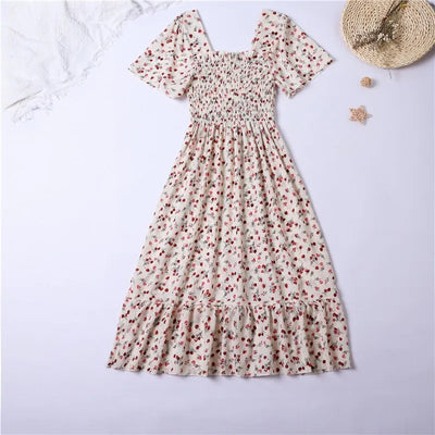 Spring Summer Chiffon Dress Women Midi DressesFemale Short Sleeve Elastic Waist Printed Floral Pleated Backless Casual Dress - Smarsty