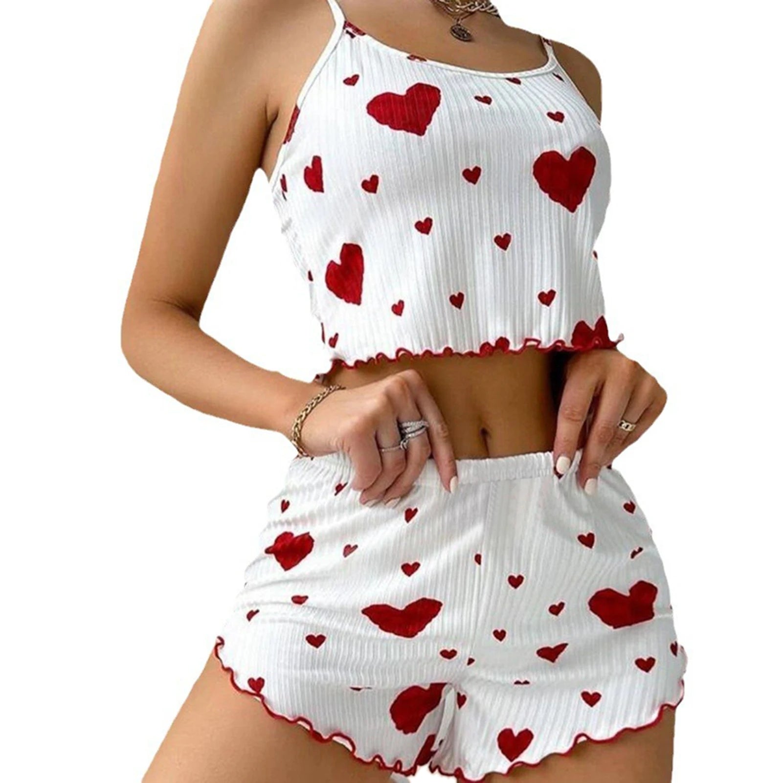Women's Pajamas Set Sleepwear 2 PCS Short Tank Tops And Shorts S M L White Ventilate Soft Casual Love Printing - Smarsty