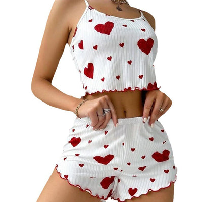 Women's Pajamas Set Sleepwear 2 PCS Short Tank Tops And Shorts S M L White Ventilate Soft Casual Love Printing - Smarsty