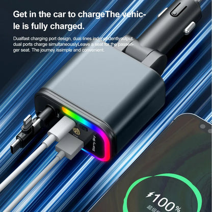 5-in-1 180W Car Fast Charger USB Type-C Power Adapter Retractable Phone Charger With Roof Starlight For IOS Android Phones - Smarsty