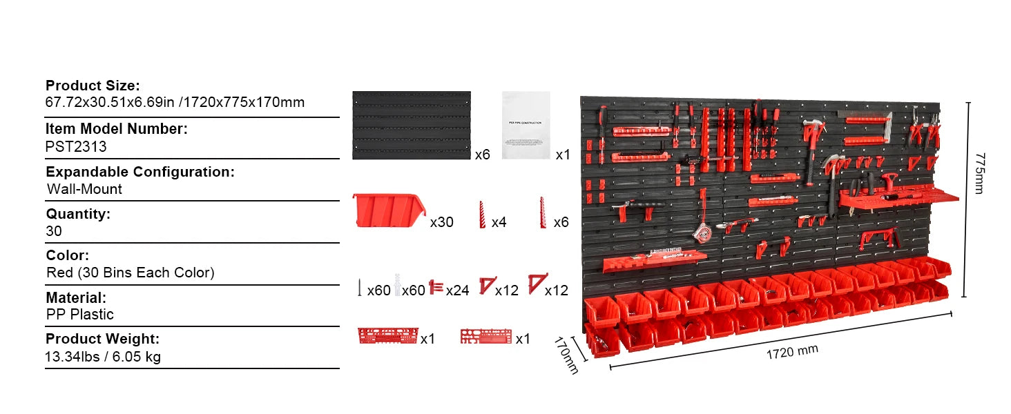 SucceBuy 30Bin Wall Mounted Storage Bins Parts Rack Organizer Garage with Wall Panels Hooks Plastic Shop Tool for Screw Nails