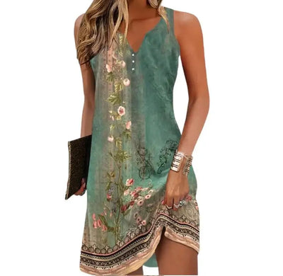 Women's Dresses Summer Fashion Stitching V Neck Loose  Bohemian Vacation Woman Basic sleeveless Vestidos - Smarsty