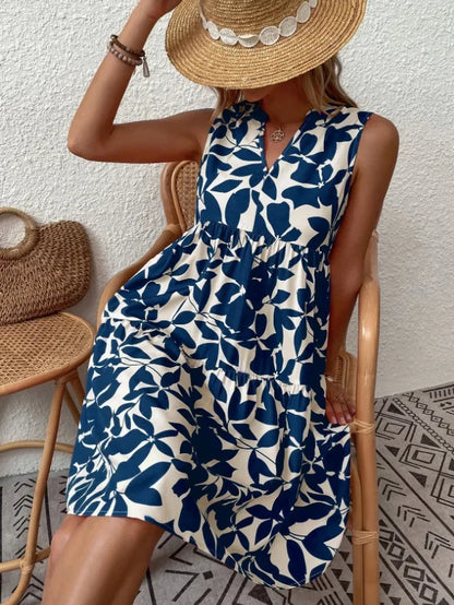 Women Boho Print Mini Dress Summer Elegant Sleeveless V Neck Ruffle A Line Tank Dress Casual Loose Oversize Beach Party Sundress - Smarsty
