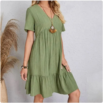 Women Summer Peplum Dresses Spring V-Neck Short Sleeve Loose Waist Ruffle Fit Flare Vocation Dresses - Smarsty