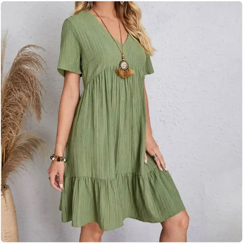 Women Summer Peplum Dresses Spring V-Neck Short Sleeve Loose Waist Ruffle Fit Flare Vocation Dresses - Smarsty