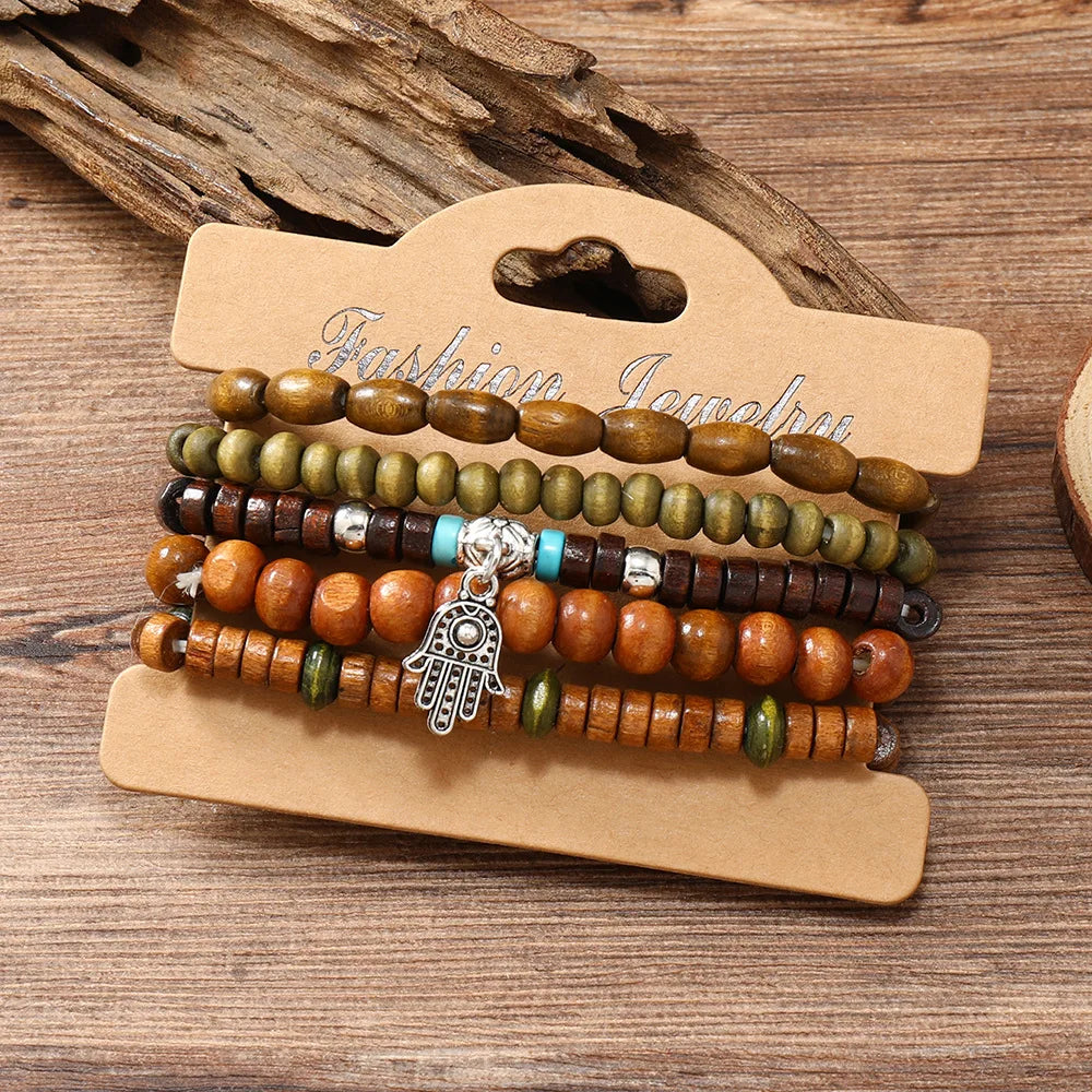 Ethnic Wood Bead Cactus Charms Bracelets for Women - Smarsty